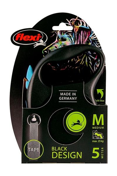 Doggie Black Automatic Travel Leash - 5m Medium, Stripe, Blue-Black Black Design