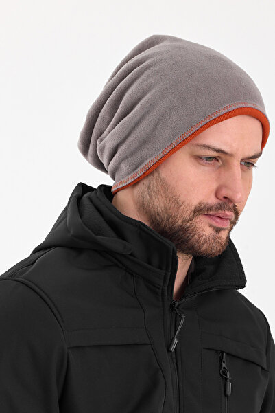 Butikgiz Erkek Gri Polar Dış, Kiremit Pamuklu Iç Kısım, Çift Renk Çift Katmanlı Katlanabilir Yumuşak Bere