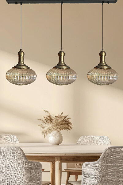 Bamyum Elegant Üçlü Cam Bal Rengi Avize Eskitme Long Knob Başlık Sarkıt Lamba...