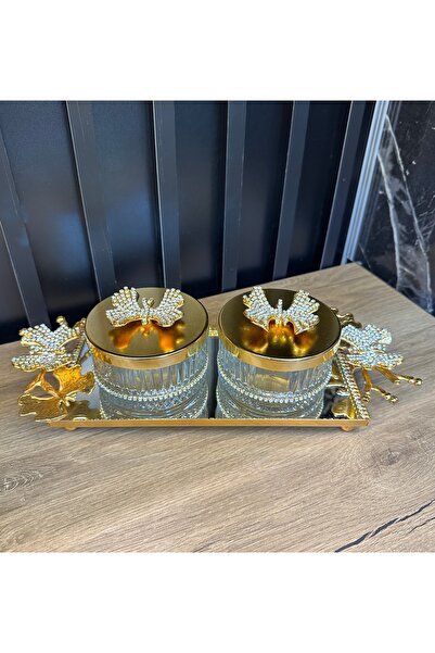 ZEKİ HEDİYELİK 2’li Gold Aynalı Sunumluk – Zarif Metal Tepsi Seti