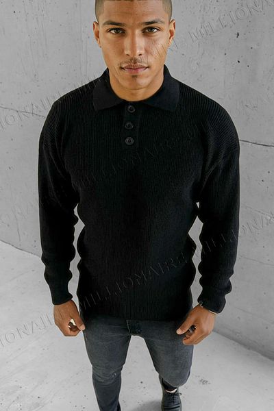 Millionaire Men's Black Polo Neck Placket Buttoned Collar Winter Knitwear Sweater