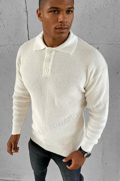 Millionaire Men's Ecru White Polo Neck Placket Buttoned Collar Winter Knitwear Sweater