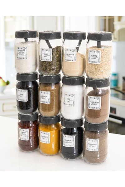 Herevin 12-Piece 370 Cc Glass Spice Jar Set with Spoons - Spice Jar Set - Storage Container - Gray - 24 Pieces with Labels