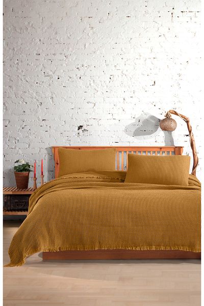 destinyhometex Двойно покривало за легло с вафла - 100% памук, 220x240см/2 части, калъфка за възглавница 50x70см