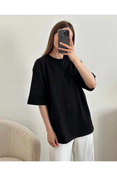Butik Sade Siyah Bisiklet Yaka Düz Kısa Kollu Kadın Tişört Oversize Unisex