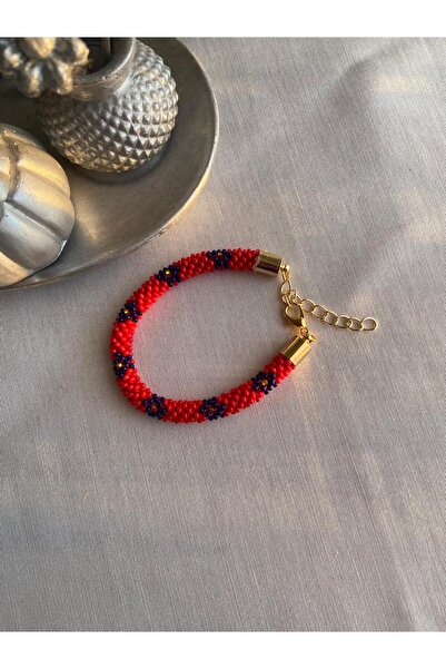 Handmade KUM BONCUK HAPİSHANEİŞİ KIRMIZI LACİVERT BİLEKLİK