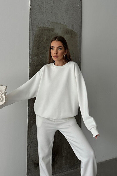 YAKAMEL Women's Crew Neck 3 Thread Raster Cotton Oversize Suit