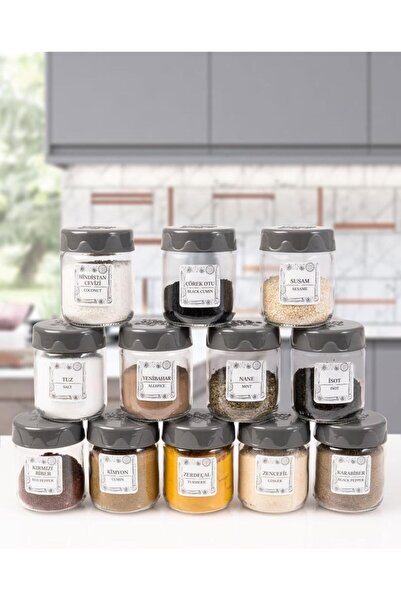 Herevin طقم وعاء توابل زجاجي سعة 200 سم مكعب - 12 قطعة، 24 علامة، حاوية تخزين رمادية