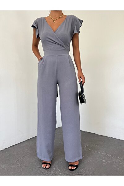 Modamorfo Zipper Detailed Ruffle Jumpsuit - Gray