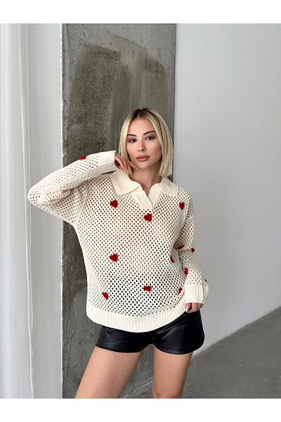 NATUFIAN STORE Pulover de damă din tricotaje cu guler de cămașă scobit cu inimă