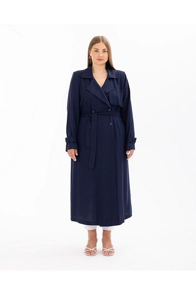 Gala-Xi Navy Blue Double Breasted Collar Large Size Top Coat - Belt Detailed10002412614001