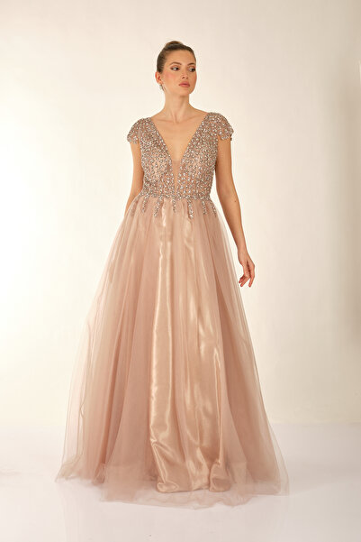 Favore Kadın Taşlı Tül Detaylı Abiye Elbise 2422033