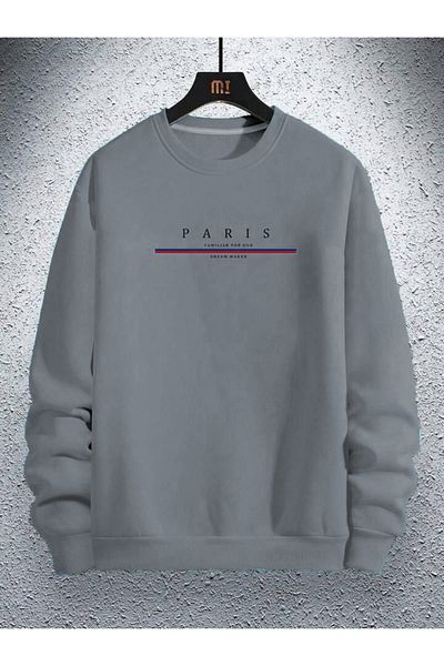 CAST COLLECTİON Male Baby Blue Paris Printed Crew Neck Sweatshirt