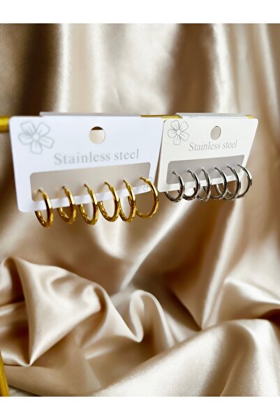 Butik Üçlü Kombin Halka Klipsli Gold Çelik Küpe