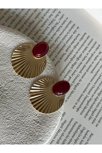 Rossetto Atelier Bordo Doğal Taşlı Tırtıklı Oval Küpe