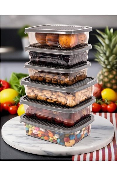 Herevin 6-Piece Rectangular Food Supply Storage Container Set-Gray(Fits Microwave and Freezer)