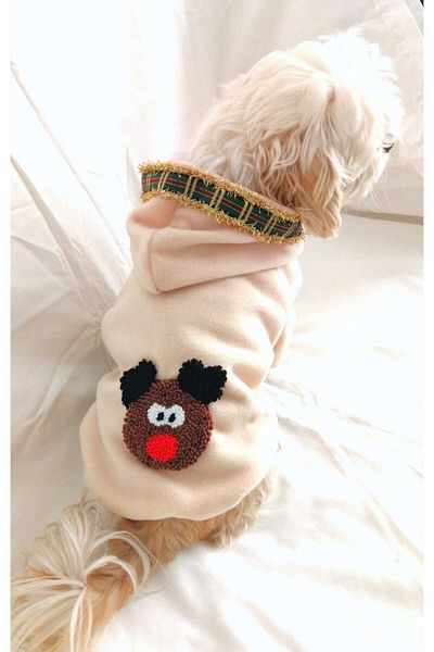 PATİBÖR Cream Colored Dog Fleece with Deer Applique and Hood