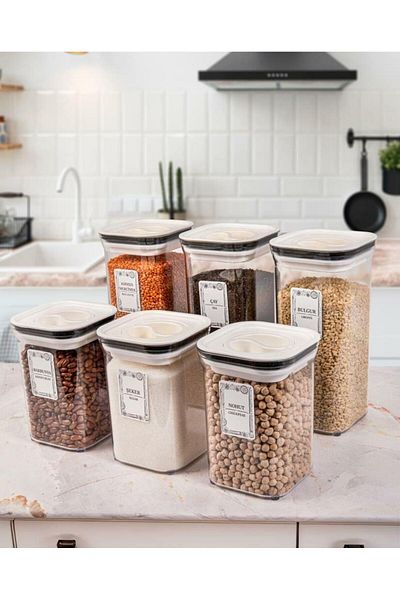 Herevin 6-Piece Food Pulses Storage Set - 1.1 Lt and 1.5 Lt Square White with 25 Labels