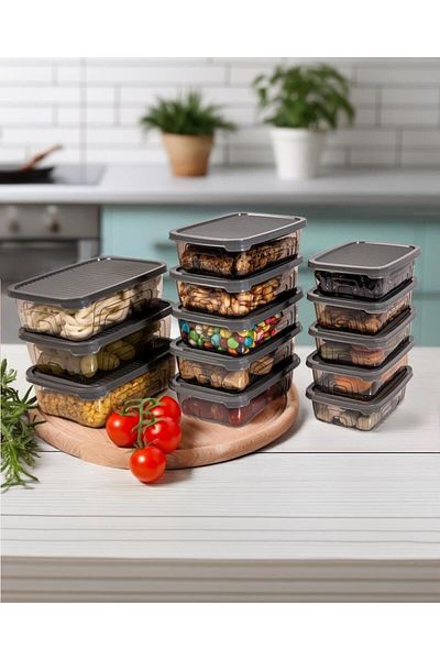 Herevin 13-Piece Rectangular Food Supply Storage Container Set - Gray (Fits Microwave and Freezer)