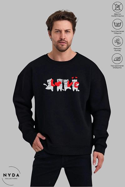 Nyda Collections Hanorac oversize, unisex, cu mânecă lungă, cu imprimeu Love Cat, cu gâtul turn, fără glugă