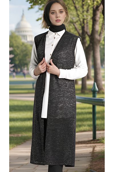 RESPİRO Seasonal Long Relaxed Fit Flowy Silvery Black Vest