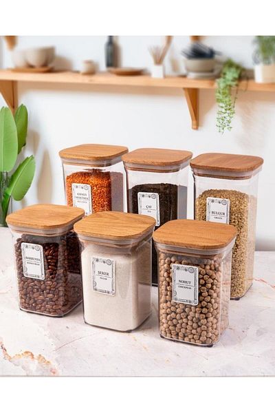 Herevin 6-Piece Square Food Pulses Set - 1.1 Lt 1.5 Lt Spice Bowl Dowry - 25 Pieces with Labels