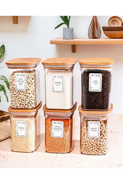 Herevin مجموعة تخزين البقوليات المربعة المكونة من 6 قطع مع 25 ملصقًا - وعاء توابل ومهر المطبخ