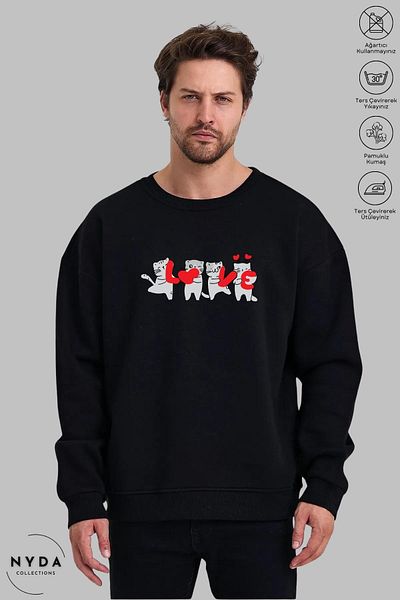 Nyda Collections Hanorac oversize, unisex, cu mânecă lungă, cu imprimeu Love Cat, cu gâtul turn, fără glugă