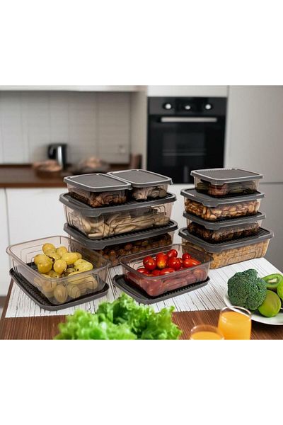 Herevin 10 Pieces Rectangular Food Supply Storage Container Set - Gray (Suitable for Microwave and Freezer)