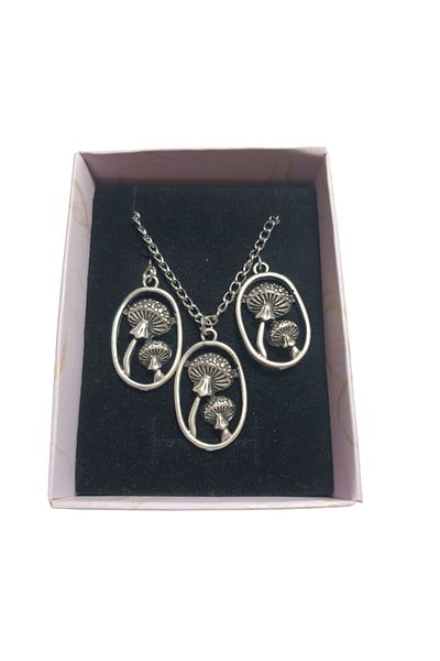 Ororabutik Silver Color 25mm Mushroom Figured Necklace and Earring Set