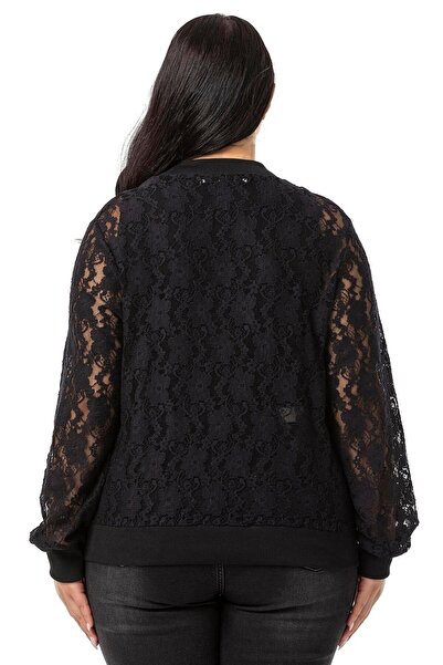 DISENTIS MODEST Δαντελένιο μαύρο μπουφάν με γιακά μεγάλου μεγέθους και μανίκι με ριμπ φερμουάρ