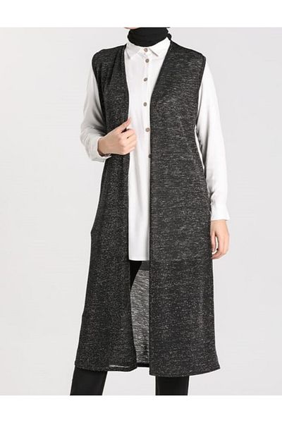 RESPİRO Seasonal Long Relaxed Fit Flowy Silvery Black Vest