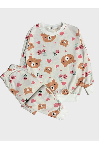 TOFU KİDS Girl's White Raised Teddy Bear Heart Flower Long Sleeve Pajamas Set