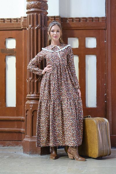 KÜÇÜĞÜM BUTİK Hijab Vintage φορητό γιακά καφέ φλοράλ φόρεμα γάτας