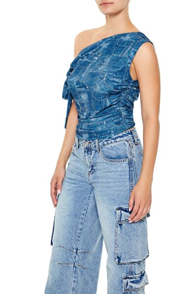 Forever 21 Denim Desenli Tek Omuzlu Bluz