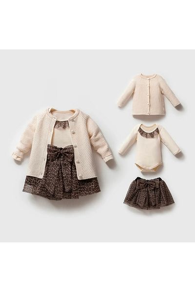 Nipperland 3-Piece Set with Leopard Skirt and Knitwear Cardigan