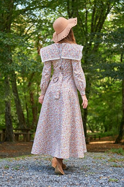 KÜÇÜĞÜM BUTİK Vintage Μεγάλος Γιακάς Γκρι Χρώμα Floral μακρυμάνικο φουσκωτό φόρεμα