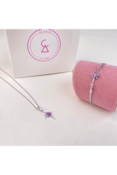 Alsem 925 Ayar Gümüş Rodyumlu Mor Ametist Taşlı Kolye ve Bileklik Seti , Doğal Taş Hediye Seti