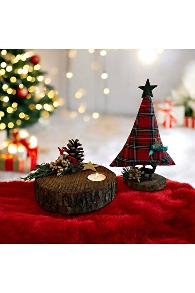 Genel Markalar Ekose Çam Ağacı ve Kütük Dekoratif Tekli Tealight Mum Hediyelik