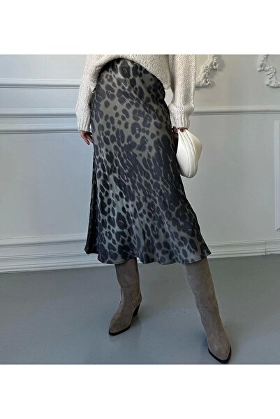 Selence Elastic waist leopard pattern satin skirt khaki