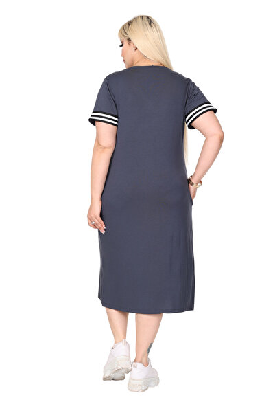 MELSAY Women's Anthracite Short Sleeve Neckline Stripe V Neck Plus Size Dress