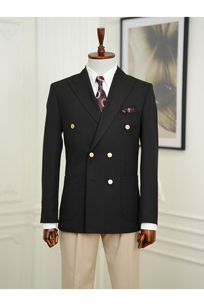 LONATOLİA Men's Italian Style Slim Fit Bag Pocket Half Lined Double Breasted Jacket - Black