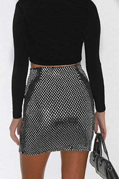 VAGGON Fusta mini neagră căptușită cu paiete pentru femei Prmx13337