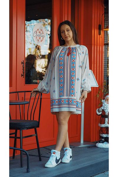 Miss Boheme Beige Ethnic Pattern Linen Textured Dress