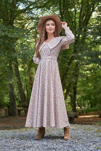 KÜÇÜĞÜM BUTİK Vintage Μεγάλος Γιακάς Γκρι Χρώμα Floral μακρυμάνικο φουσκωτό φόρεμα