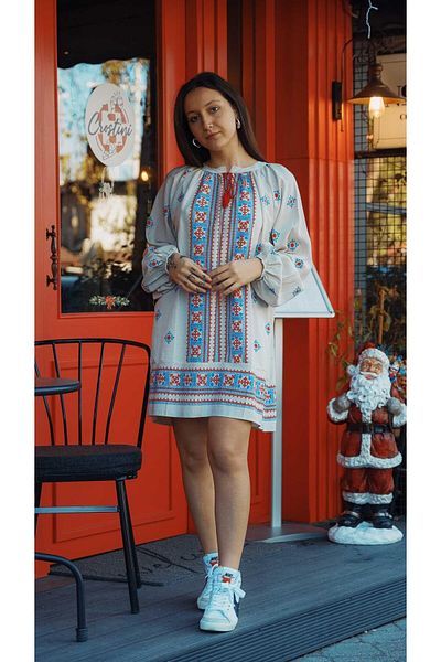 Miss Boheme Beige Ethnic Pattern Linen Textured Dress