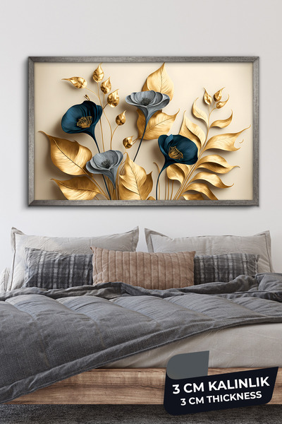 Evinemoda Zarif Altın ve Mavi Çiçekler ile Dallar Tek Parça Gümüş Çerçeveli K...