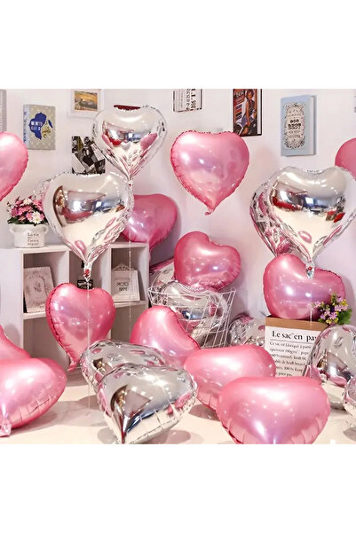 KAR TANESİ 10 ADET PEMBE-GÜMÜŞ KALP FOLYO BALON