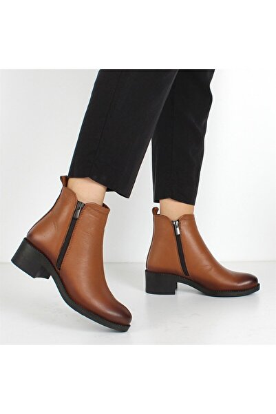 Celal Gültekin Kadın Taba Çift Fermuarlı Kalın Topuklu Deri Bot