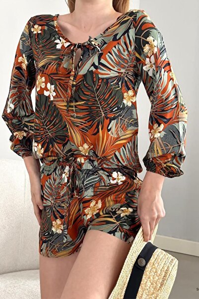 Deafox Комплект з шортами з віскозної тканини з візерунком у вигляді листя хакі